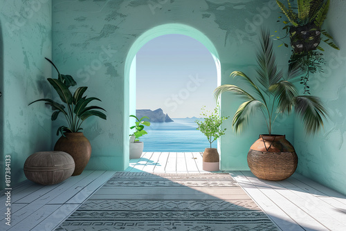 Interior design of greek island style entrance hall with arched doorway. Created with generative AI