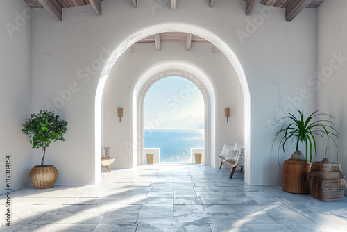 Interior design of greek island style entrance hall with arched doorway. Created with generative AI