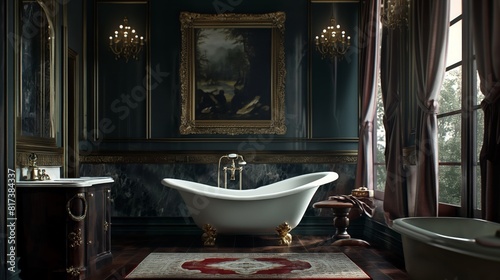A dark and ornate gothic bathroom with a claw foot tub. Luxurious ambiance.
