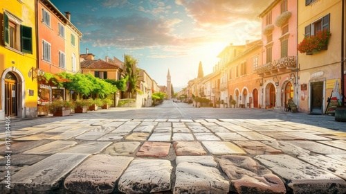 Beautiful sunrise of a colonial-style town in Europe in high resolution and high quality. travel concept, sunrise, colony, houses, town