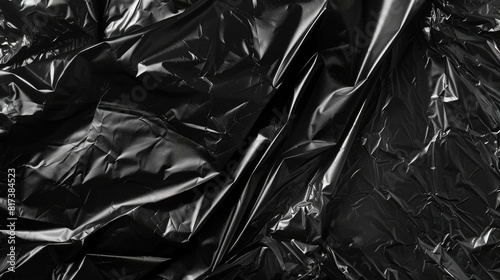 A black plastic bag. The bag is crumpled and torn, giving it a sense of disarray and neglect