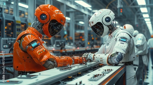 Working together, Robot and a human working together on an assembly line in a factory. surrealistic Illustration image,