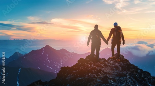 Silhouette of Two Man Holding Hands to Mountain with Climbing sport for Helping hand friendship Concept