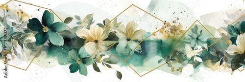 Abstract luxury floral watercolor banner with elegance element and splashes. Golden line with green and gold flower decorated and line arrangement with white background. Elegant design concept. AIG35.