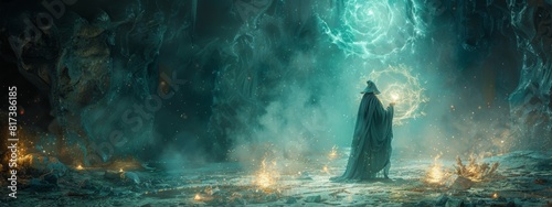 A powerful sorcerer casting a spell in a dark, mysterious cave with glowing runes and magical artifacts.