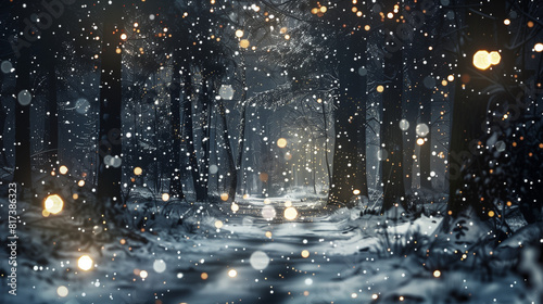 Snow falls gently on the dark forest floor, creating a serene winter scene. The snow-covered trees stand tall against the night sky, with a peaceful ambiance prevailing