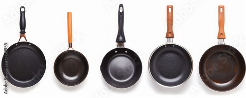 High-Resolution Photograph of Various Sized Wok Pans Isolated on White Background 