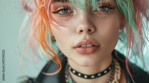 close up portrait of young woman with multi-colored hair and piercing, creative makeup and alternative fashion rock style