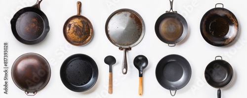 Flat Lay Collage of Various Wok Pans - Different Types and Shapes Isolated on White Background