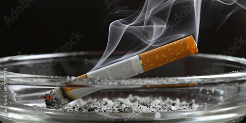 A cigarette smolders in an ashtray, its acrid smoke twisting into the atmosphere.