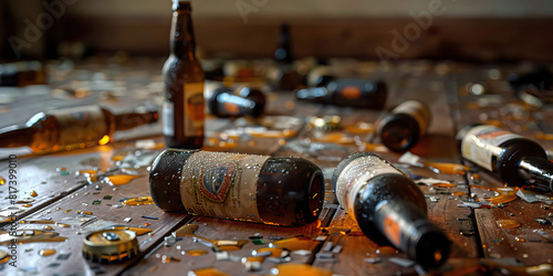 An alcoholic's empty beer bottles litter the floor, their once-glittering labels now faded and dull.