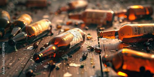 An alcoholic's empty beer bottles litter the floor, their once-glittering labels now faded and dull.