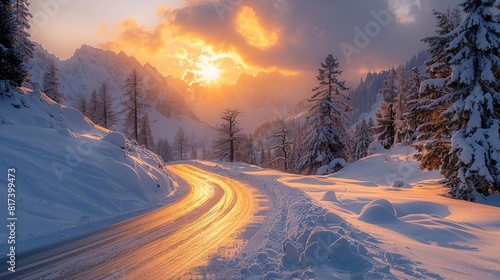 A beautiful winter mountain road in the Alps with snow on both sides, early sunset sunrise sky