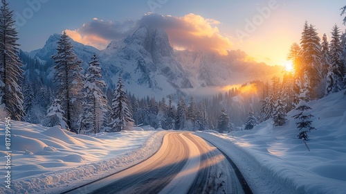 A beautiful winter mountain road in the Alps with snow on both sides, early sunset sunrise sky