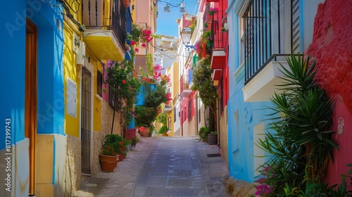 charming narrow alleyway in the historic old town of calpe spain with colorful buildings