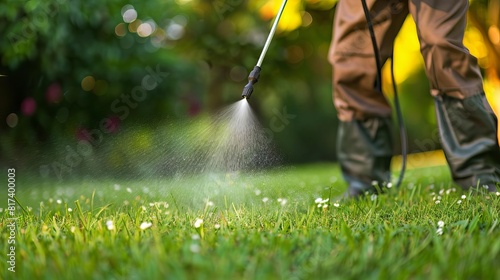 closeup of worker spraying pesticide on green lawn outdoor pest control application landscape maintenance digital photography