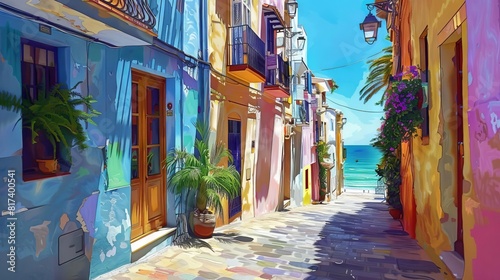 colorful houses lining narrow street in villajoyosa spain coastal town cityscape digital painting