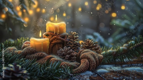 cozy composition with candles knitted element and garland still life digital painting