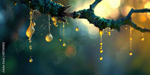 LSD infused droplets drip from a splintered branch, evoking a sense of wonder.
