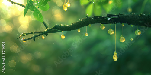 LSD infused droplets drip from a splintered branch, evoking a sense of wonder.