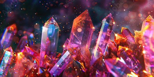 Ecstasy-like crystals glimmer against a dark background, reflecting vibrant hues