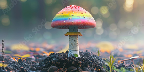 A psychedelic mushroom sprouts from the earth, its cap adorned with rainbow colors.