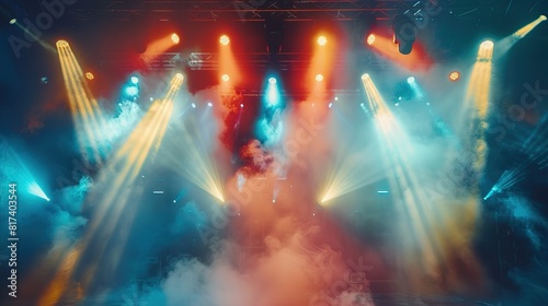 There is a stage with bright pink and blue lights shining down through the purple fog.