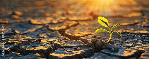 Dry, cracked ground with a small struggling plant. Symbolizing resilience and hope, the lone green sprout emerges from the parched earth, highlighting the challenges of drought and climate change.