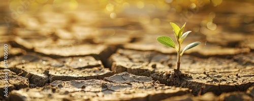 Dry, cracked ground with a small struggling plant. Symbolizing resilience and hope, the lone green sprout emerges from the parched earth, highlighting the challenges of drought and climate change.