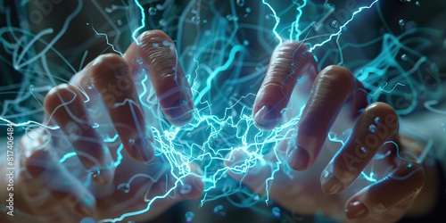 Electric blue energy crackles between a scientist's fingers as they experiment with new formulas.