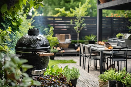 sleek black ceramic bbq grill in lush outdoor garden kitchen setting concept illustration