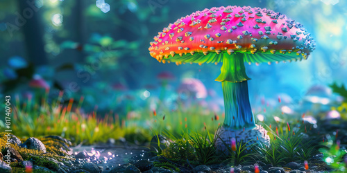The psychedelic mushroom's vibrant hues dance across a serene forest floor.