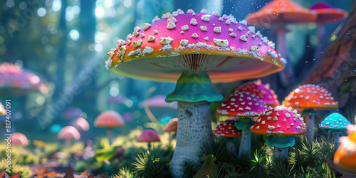  Nature's Trippy Canvas: Mushrooms in Mesmerizing Hues Adorn a Tranquil Forest Floor