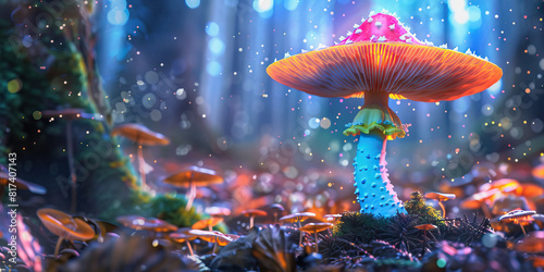  Nature's Trippy Canvas: Mushrooms in Mesmerizing Hues Adorn a Tranquil Forest Floor