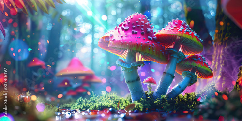 The psychedelic mushroom's vibrant hues dance across a serene forest floor.