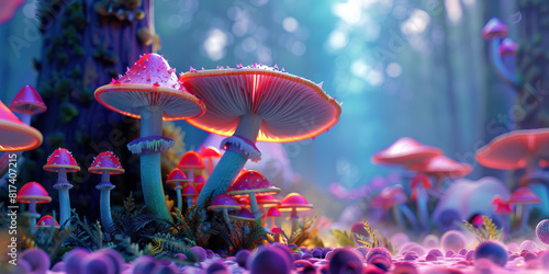 The psychedelic mushroom's vibrant hues dance across a serene forest floor.