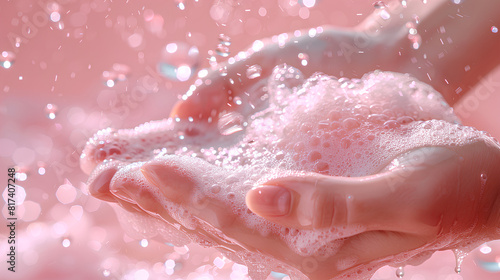 Closeup of hands washing with shampoo on pink background