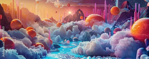 Fusion of 2D and 3D elements creating a surreal dreamscape. Vivid clouds and celestial bodies float above a tumultuous ocean, blending vibrant colors and imaginative shapes.