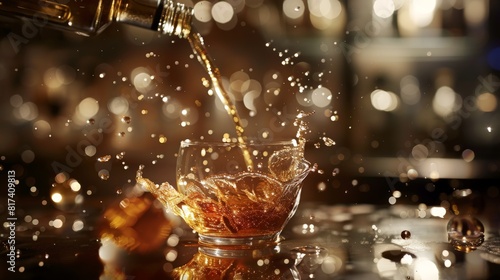 Elegance in motion: a stream of spirits pouring into a glass, embodying refined taste.