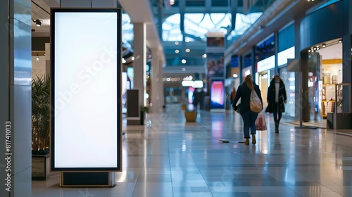 vertical advertising billboard mockup with empty digital screen in modern shopping mall blank poster display stand