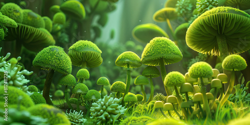 Vibrant Green Mushrooms: Intricately designed mushrooms of various hues grow in a lush, forested environment.