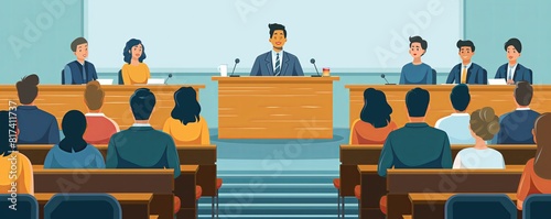 The illustration shows a group of diverse people sitting in a courtroom. A judge is standing in front of them, wearing a robe and holding a gavel.