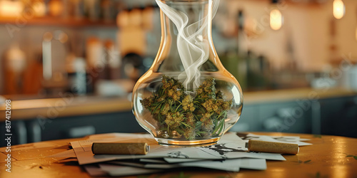 A bong filled with cannabis sits atop a collection of rolling papers, inviting users to enjoy its soothing, hazy smoke