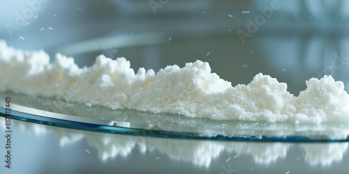 A line of cocaine rests innocently on a mirror it's powder in a pile. Drugs.