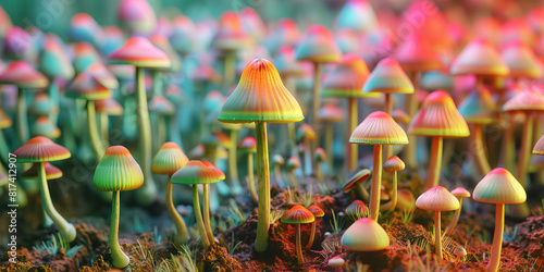 A field of psychedelic mushrooms sits atop a forest floor, their bright hues popping against the rich earth