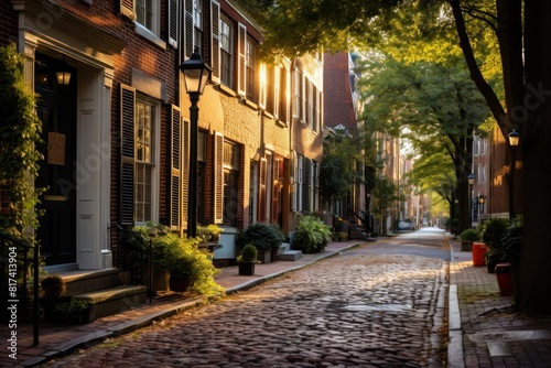 A Picturesque Urban Landscape Featuring A Row of Classic Brick Townhouses with Ivy-Covered Facades and Cobblestone Streets