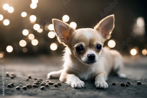 'gamelle chihuahua chiot dog ingest wipeout hunger food croquet meal feeding growth holding gob bowl porringer puppy baby animal race young studio background white brown adorable pet seated carrying'