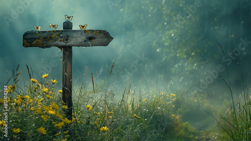 A timeworn wooden signpost pointing towards a hidden meadow where old butterflies dance.