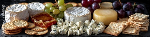 A board with a variety of soft goat cheese, grapes, and honey for a party. 