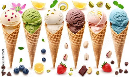 Different ice cream flavors, each in its own cone